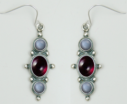 Sterling Silver Drop Dangle Earrings With Garnet And Grey Moonstone